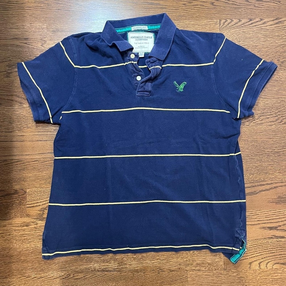 y2k vintage men's american eagle navy blue striped polo t shirt xl